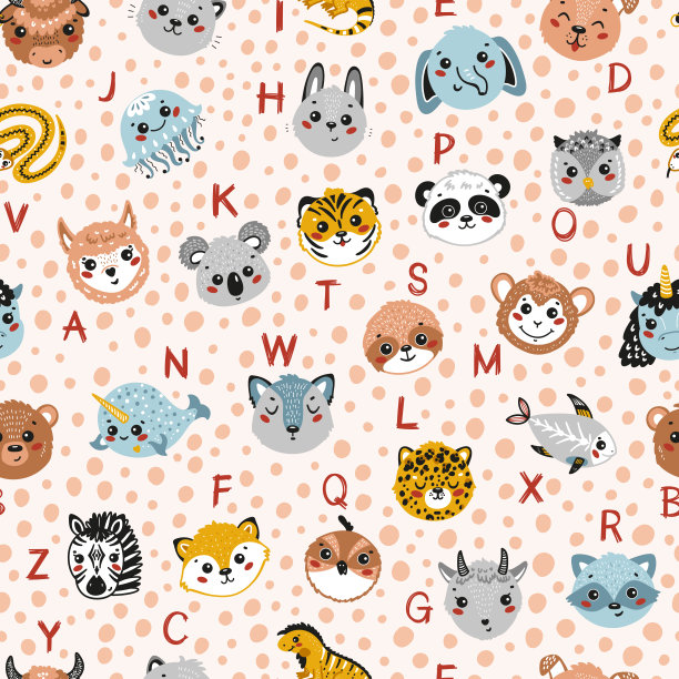 可爱的动物字母无缝模式。卡通有趣的婴儿动物脸和涂鸦拉丁字母。幼稚向量ABC图片下载