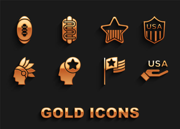 设置美国头部，盾牌与星星，独立日，美国国旗，印第安人，足球和热狗三明治图标。向量图片下载