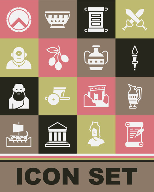 设置法令，羊皮纸，卷轴，古代双耳瓶，火炬火焰，橄榄枝，独眼巨人，希腊盾和图标。向量图片下载