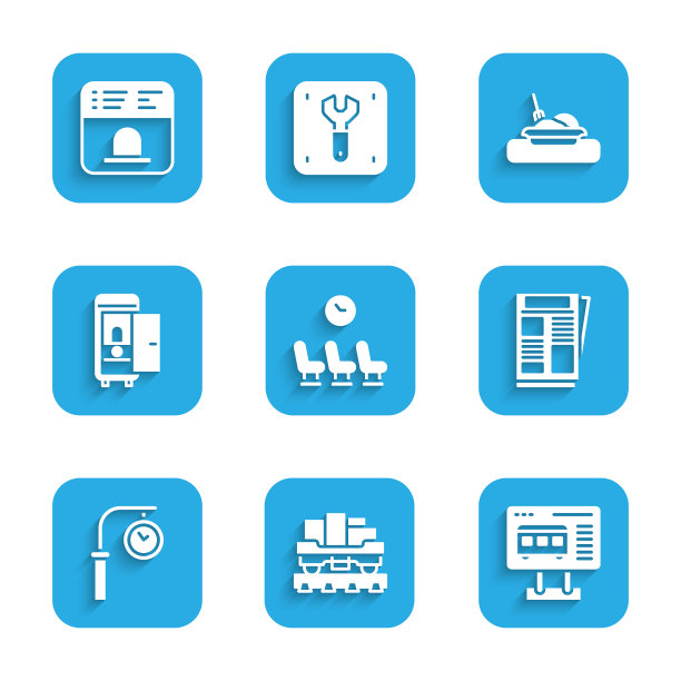 设有候车室、货运列车车厢、购票售票处、新闻、火车站时钟、厕所车厢、餐盘和图标。向量图片下载