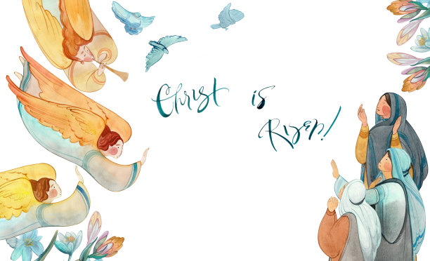 手绘水彩基督教插画：耶稣复活、天使、鲜花、女性边框，适用于复活节教堂出版物和印刷品。天主教、东正教、新教复活节贺卡图片下载
