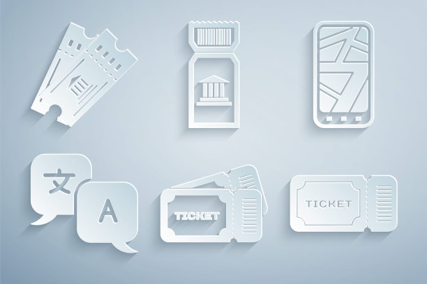 集合门票，城市地图信息图，翻译，博物馆门票和图标。向量图片下载