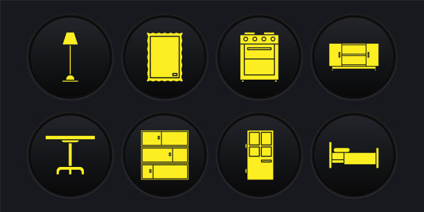 设置圆桌，电视支架，书架，关门，烤箱，图片，床和落地灯图标。向量图片下载