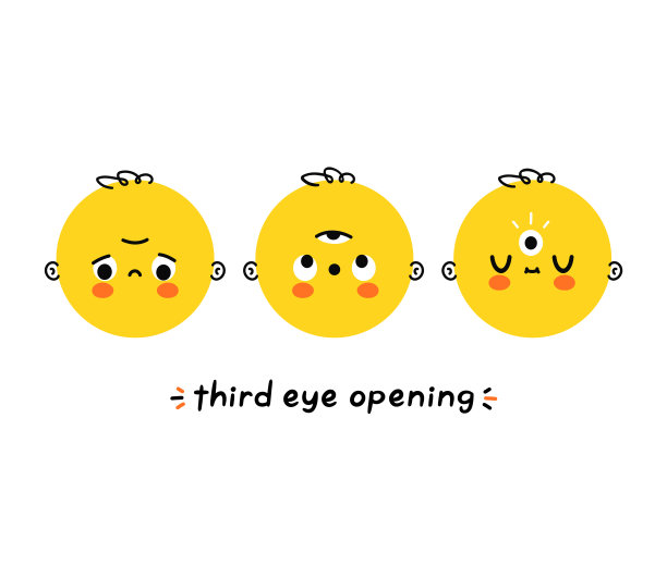 可爱有趣的头与第三眼矢量手绘卡通插图设计。孤立在白色背景上。神秘，魔法，精神的第三个开放概念图片下载