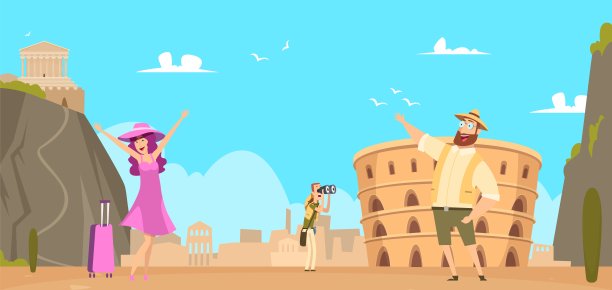 古罗马的风景。意大利建筑，地标，竞技场和宫殿向量背景图片下载