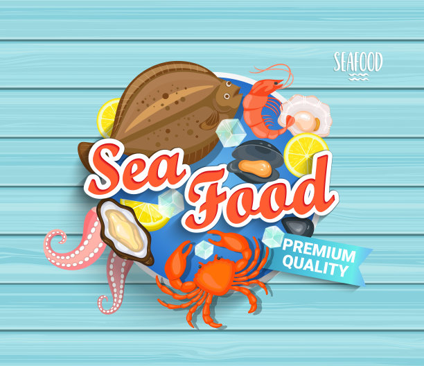 蓝色木制背景海鲜标签。图片下载