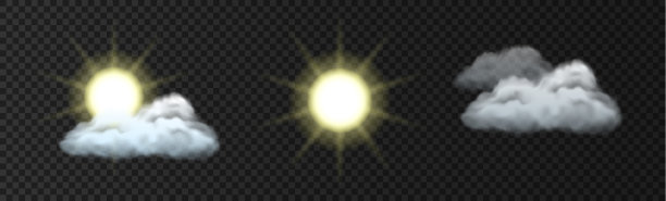 现实的天气预报图标与明亮的太阳照耀，多云的天空和风暴云图片下载