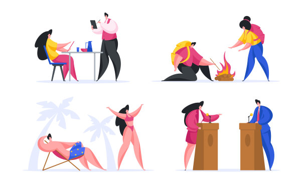 人们休息在主动度假矢量平面插图。男主角背着背包在火上烤棉花糖。图片下载