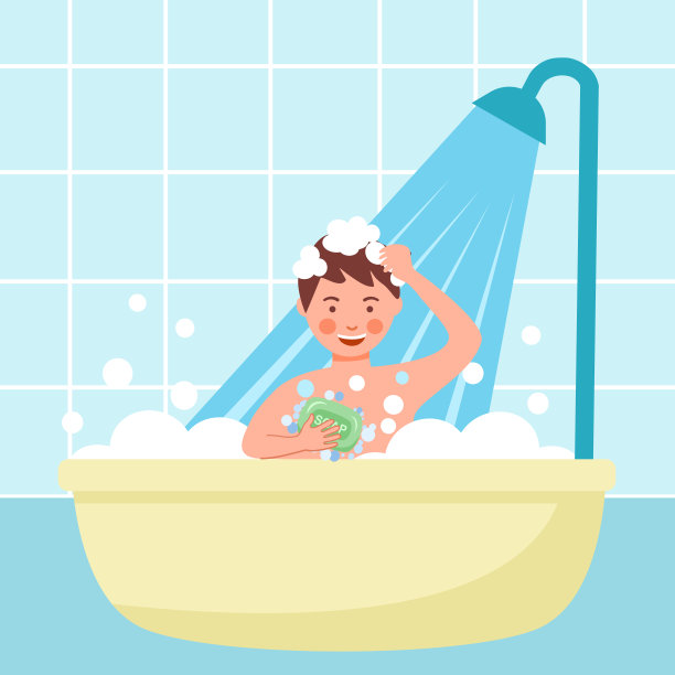 男生在平面设计的浴室里洗澡、洗头。图片下载