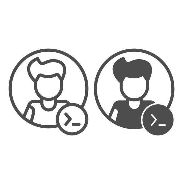 命令行圆圈中的男人，后端开发人员线条和实体图标，用户界面概念，白色背景上的程序员矢量标志，移动概念和网页设计的轮廓样式图标。矢量图形。图片下载