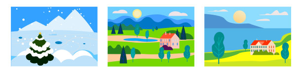四季景观冬，春，夏。乡村，山脉，田野，大海，雪。矢量极简平面插图图片下载