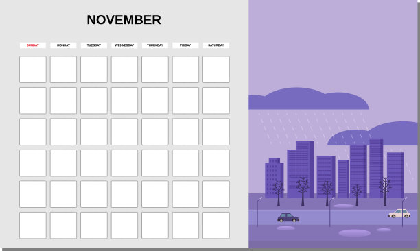 11月。简约的景观自然背景秋天。每月日记业务模板。向量孤立图片下载
