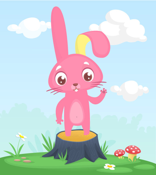 卡通滑稽和快乐的兔子站在夏天的草地上树桩。向量插图的复活节兔子图片下载