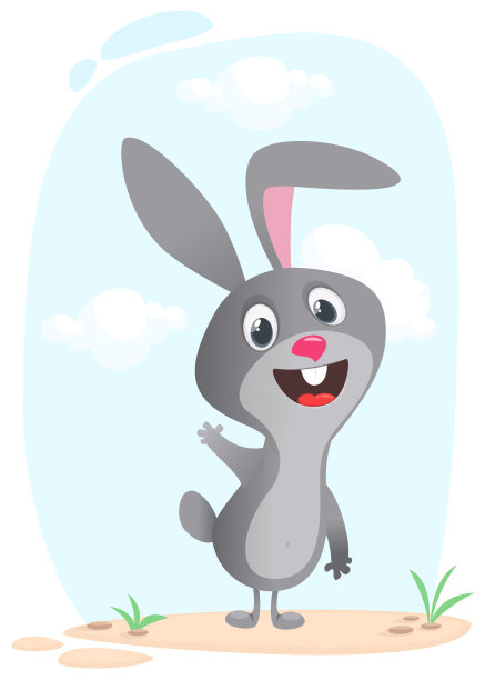卡通滑稽和快乐的兔子站在夏天的草地上。向量插图的复活节兔子图片下载