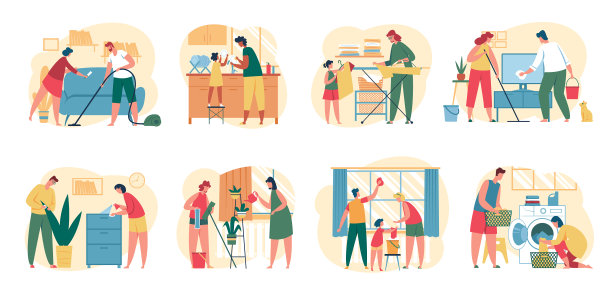 家庭清洁和孩子一起打扫房子图片下载