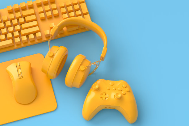 俯视图玩家的工作空间和齿轮，如鼠标，键盘，操纵杆，耳机图片下载