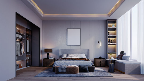 现代化的卧室和更衣室。图片下载
