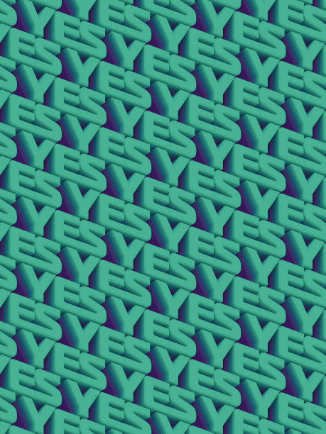 绿色YES字的纹理，侧面有多色条纹。三维绘制数字插图图片下载