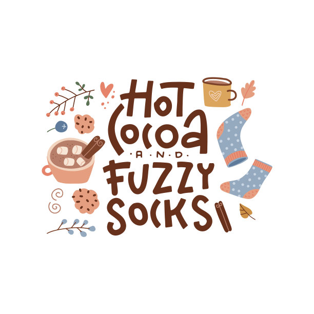 热可可和毛绒袜子，手绘的拥抱图片下载