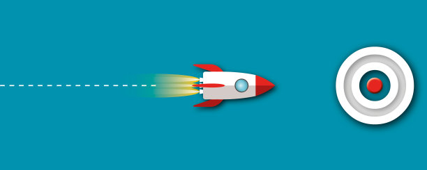 蓝色背景上红色火箭击中目标中心，寓意商业目标或目标成功和赢家。图片下载