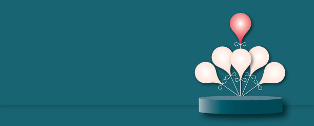 红气球，白色气球在讲台上，绿色背景，表现出不同的思维和领导能力，在人群中脱颖而出。图片下载