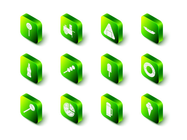 设有快餐车，饭团，热狗三明治，甜甜圈，华夫饼冰淇淋，保温瓶和比萨图标。向量图片下载