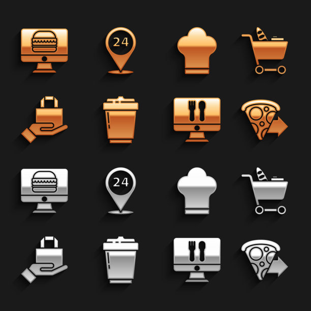 设置咖啡杯去，购物车和食物，在线订购披萨送货，厨师帽子，和24小时图标。向量图片下载