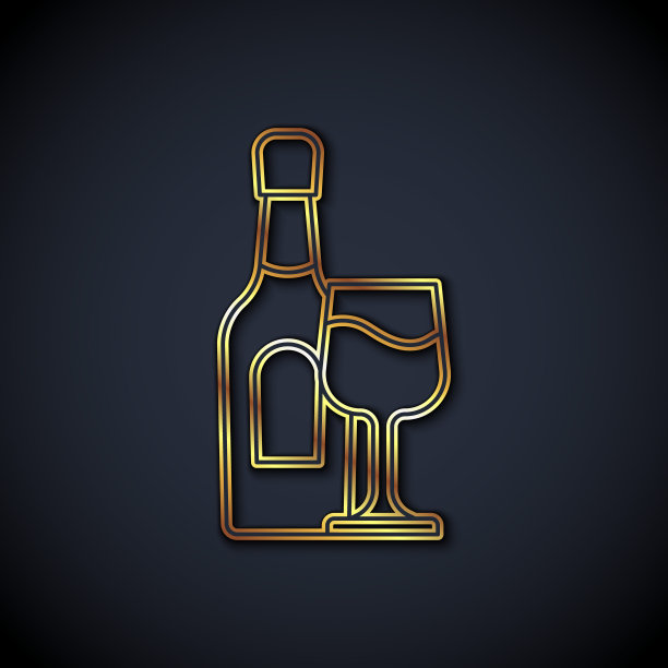 金色线酒瓶与玻璃图标隔离在黑色背景。向量图片下载