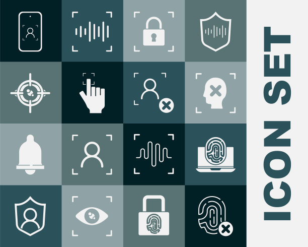 设置拒绝指纹，笔记本电脑，面部识别，指纹锁，眼睛扫描，移动和和图标。向量图片下载