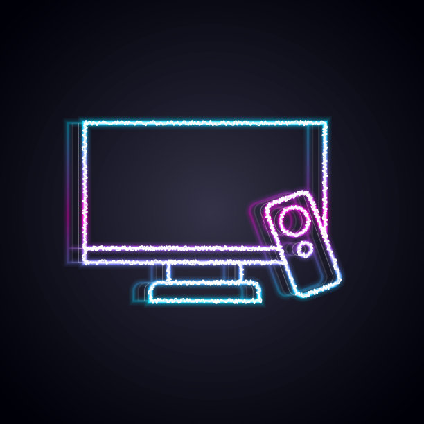 发光的霓虹灯线智能电视图标孤立在黑色背景。电视信号。向量图片下载