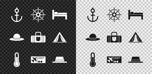 设置锚，船方向盘，床，气象温度计，机票，男人帽子丝带，优雅的女人和手提箱图标。向量图片下载