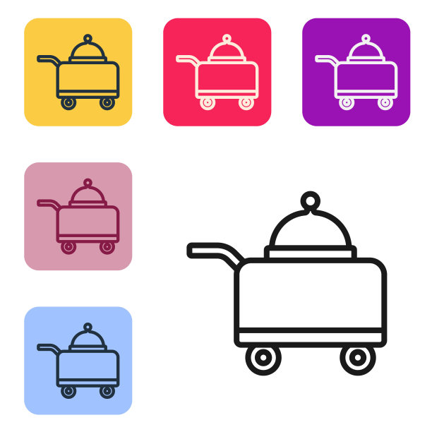 黑线覆盖的托盘食物图标孤立在白色背景。托盘和盖子的标志。餐厅钟盖。在彩色方形按钮中设置图标。向量图片下载