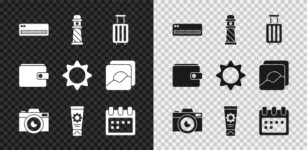 设置空调，灯塔，手提箱，相机，防晒霜管，日历，钱包和图标。向量图片下载