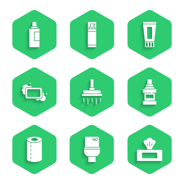 设置淋浴头，马桶，湿纸巾包，漱口瓶，纸巾卷，肥皂条，牙膏管和清洁剂图标。向量图片下载