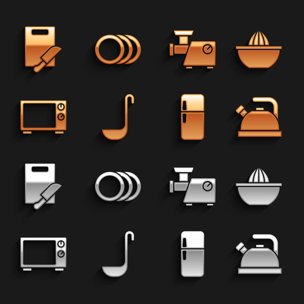 配套厨房汤勺，果汁机，带柄水壶，冰箱，微波炉，绞肉机，切菜刀和盘子图标。向量图片下载