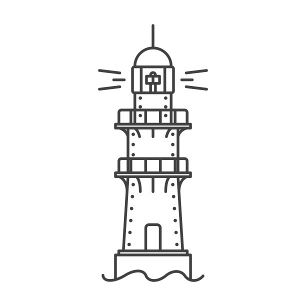 灯塔图标。海岸建筑物的简单线条图，用作船舶的参考点建筑物的金属框架。向量。图片下载