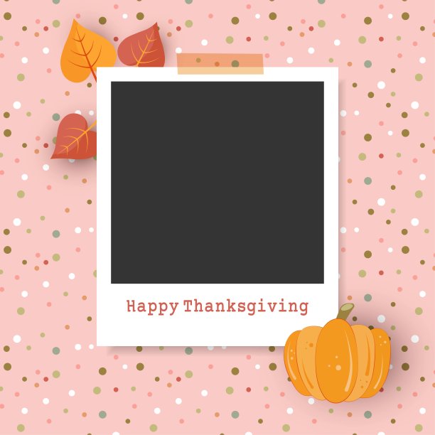 秋天，感恩节的宝丽来相框有柔和的阴影，南瓜，树叶和透明胶带。肖像摄影专辑。图片下载