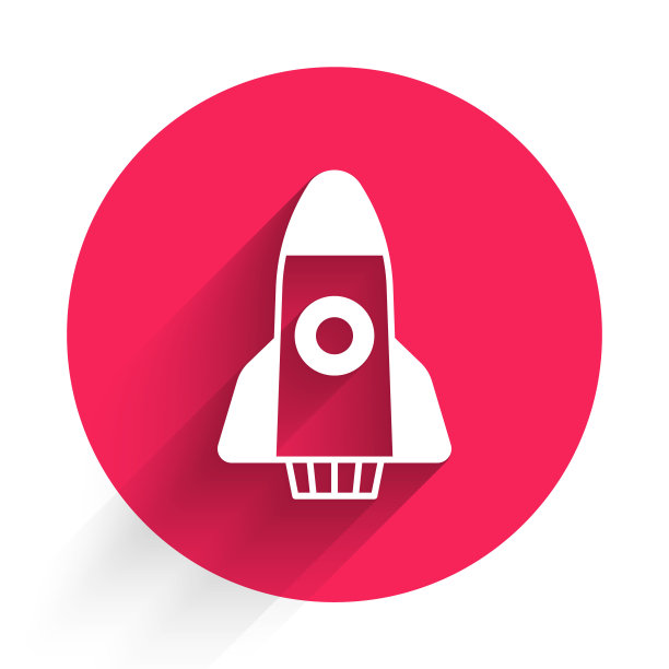 白色火箭船图标与长阴影背景隔离。太空旅行。红色圆圈按钮。向量图片下载