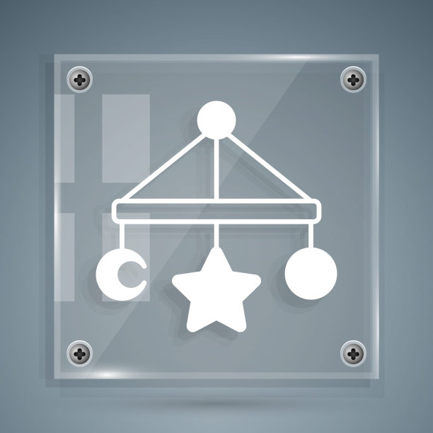 白色婴儿床挂玩具图标孤立在灰色背景。婴儿床旋转木马。方形玻璃面板。向量图片下载