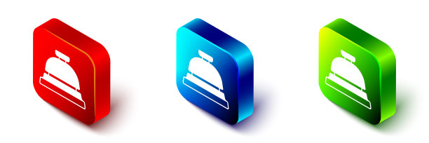 等距酒店服务钟图标孤立在白色背景上。接待贝尔。红、蓝、绿方形按钮。向量图片下载