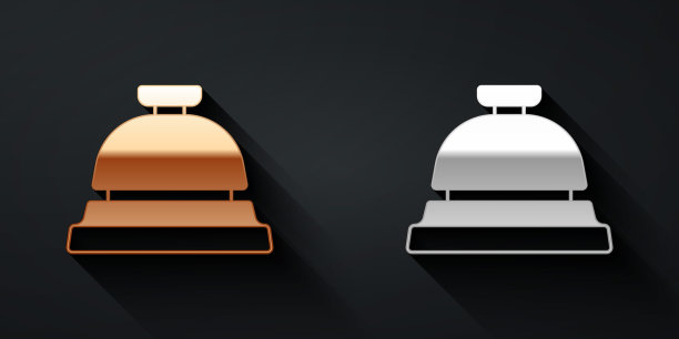 金色和银色酒店服务钟图标孤立在黑色背景。接待贝尔。长长的阴影风格。向量图片下载
