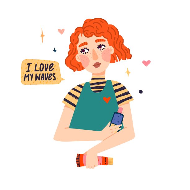 插图一个可爱的红头发女孩与波浪形的头发。拿着化妆瓶的女人的横幅。一个有雀斑的忧郁女孩的肖像。卷发女孩的概念。向量图片下载
