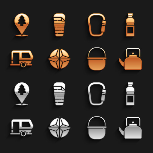 设置风玫瑰，水瓶，水壶与把手，野营壶，房车拖车，钩环，位置森林和睡袋图标。向量图片下载