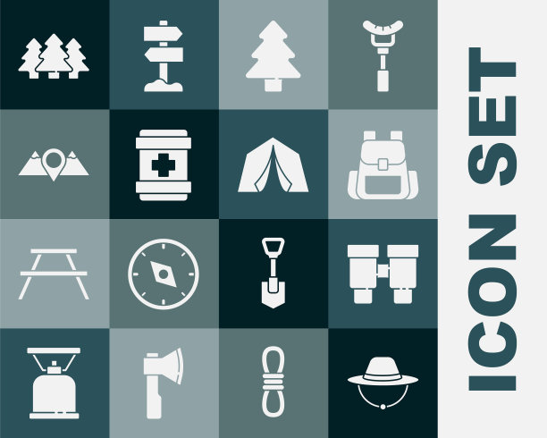 设置野营帽，望远镜，徒步旅行背包，森林，急救箱，位置山脉，和游客帐篷图标。向量图片下载