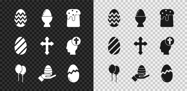 设置复活节彩蛋，站，蛋糕，气球丝带，人手复活节，破碎，和基督教的十字架图标。向量图片下载