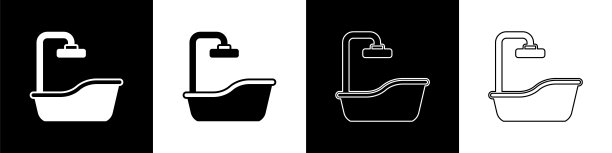 设置浴缸图标隔离在黑白背景。向量图片下载