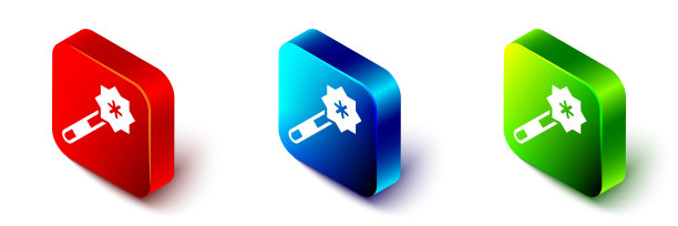 等距魔术棒图标孤立在白色背景。星形魔术配件。神奇的力量。红、蓝、绿方形按钮。向量图片下载