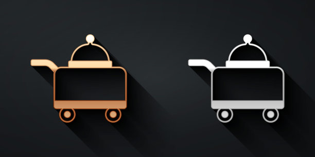 金色和银色覆盖的托盘食物图标孤立在黑色背景。托盘和盖子的标志。餐厅钟盖。长长的阴影风格。向量图片下载