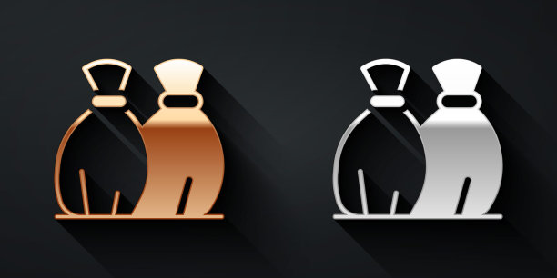 金色和银色的垃圾袋图标孤立在黑色背景。长长的阴影风格。向量图片下载