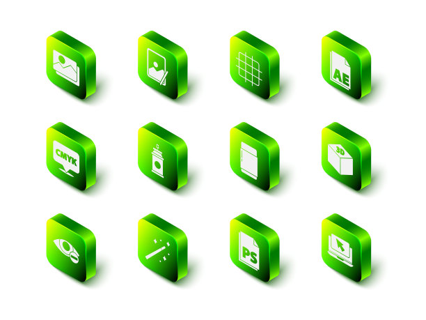 设置图形平板，网格图形纸，AE文件文件，等距立方体，笔记本电脑和光标，橡皮擦，PS文件和魔棒图标。向量图片下载